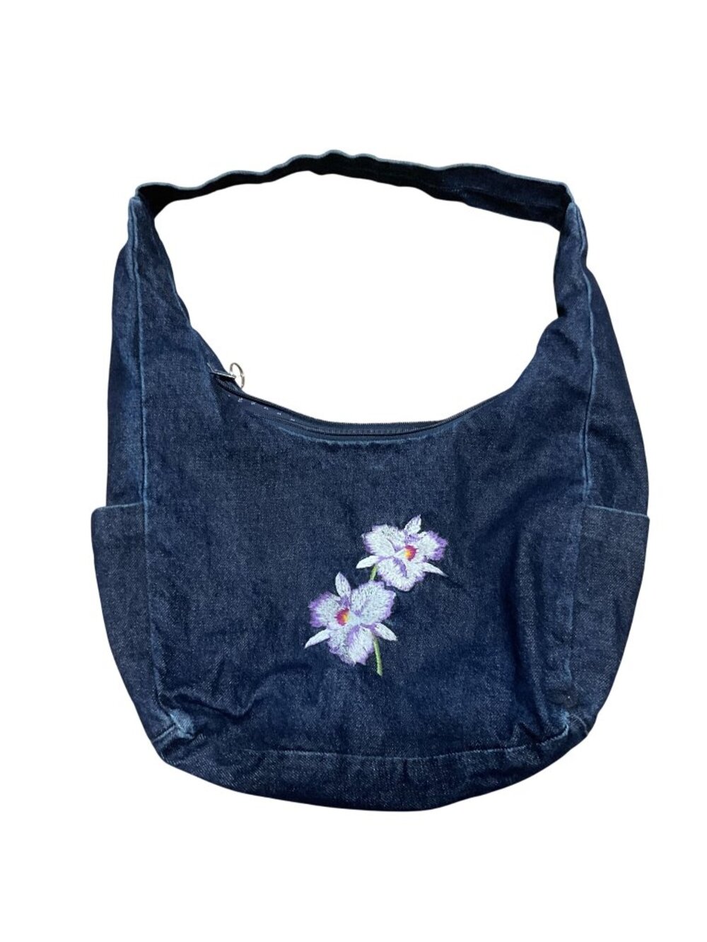 Vtg Denim Hobo Shoulder Bag With Embroidered Floral Design & Zipper Closure